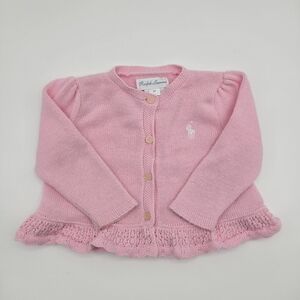 Ralph Lauren Pink Knit Ruffle Button Front Cardigan Sweater Infant Baby Girl 3M